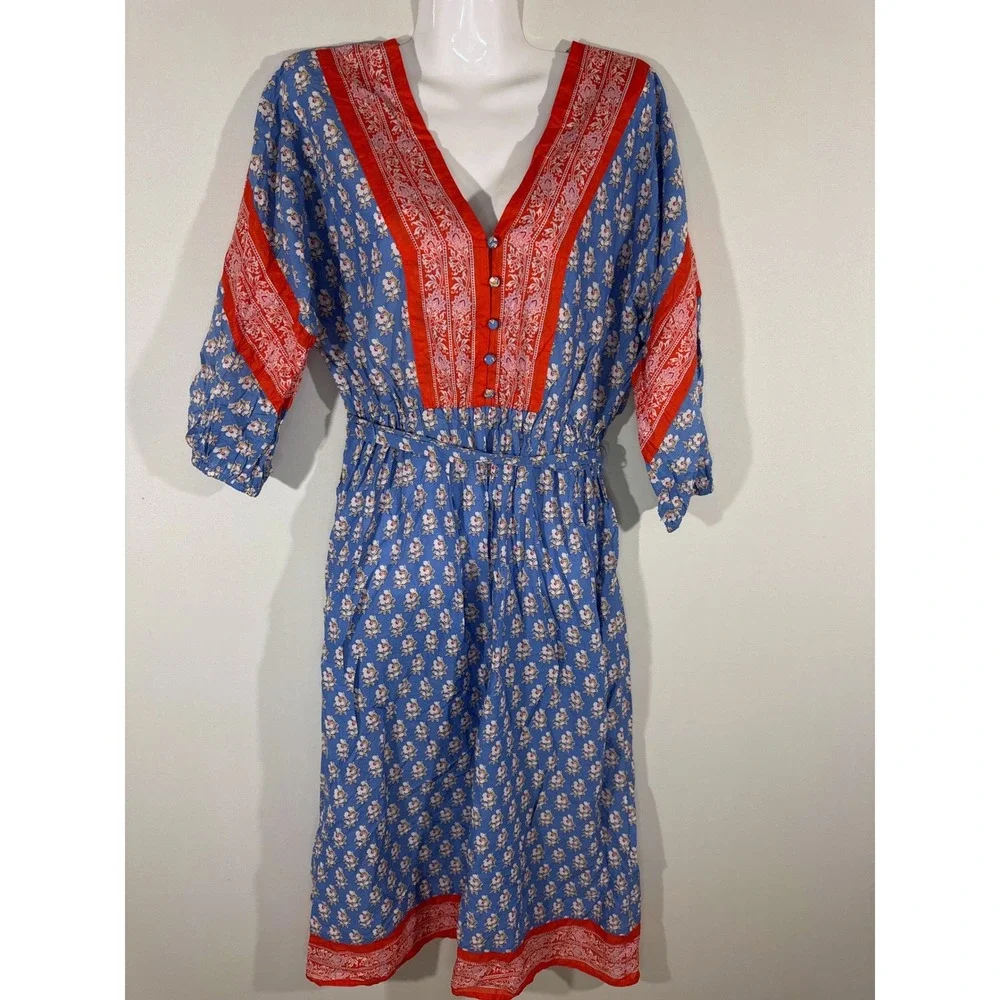 J. Crew Beachwear Blue Red Floral Block‎ Print Midi Dress Tie Waist Women's XS